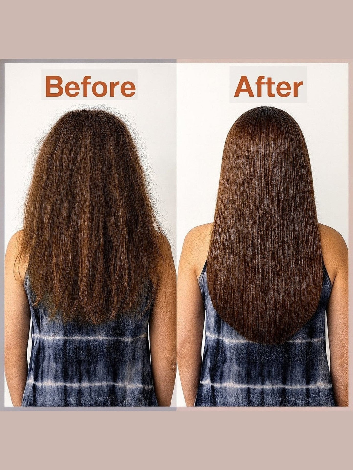 Before and after comparison of hair treatment on a person with long, wavy hair.