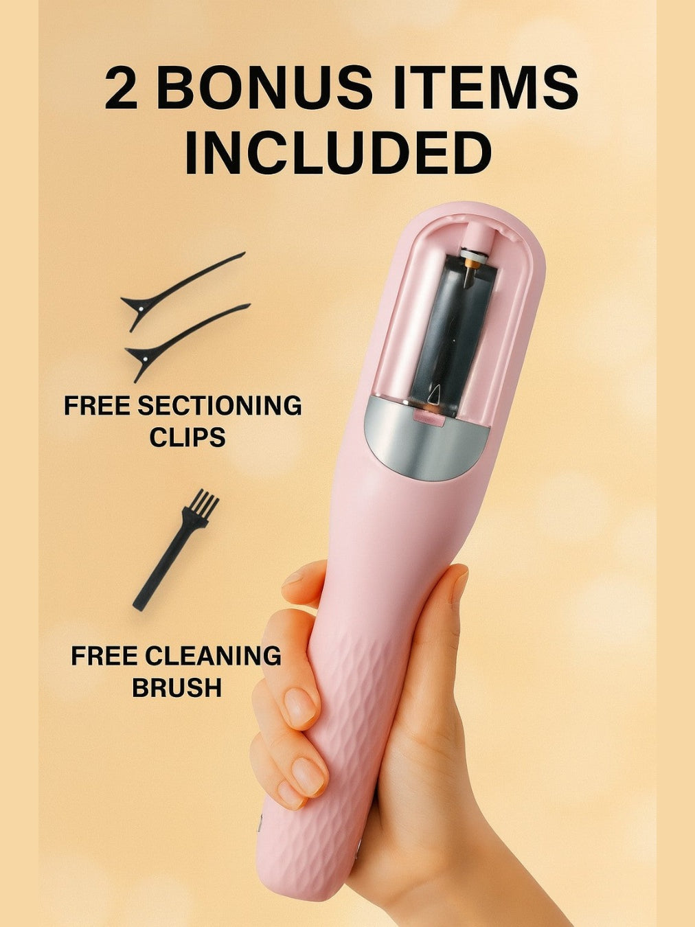 Pink hair removal device held by a hand with free sectional clips and cleaning brush on beige background